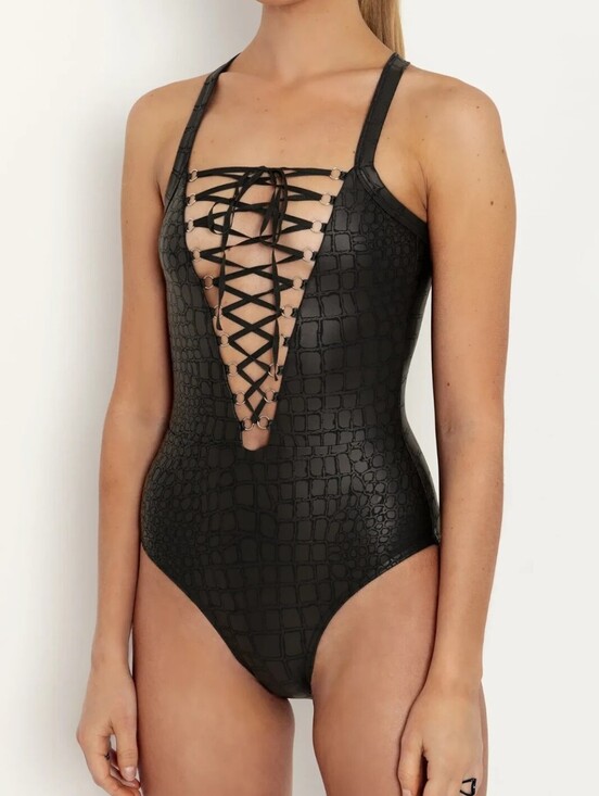 Blackmilk Tops - Blackmilk A Lot of Croc Lace Up Corset Faux Leather Crocodile Bodysuit Medium